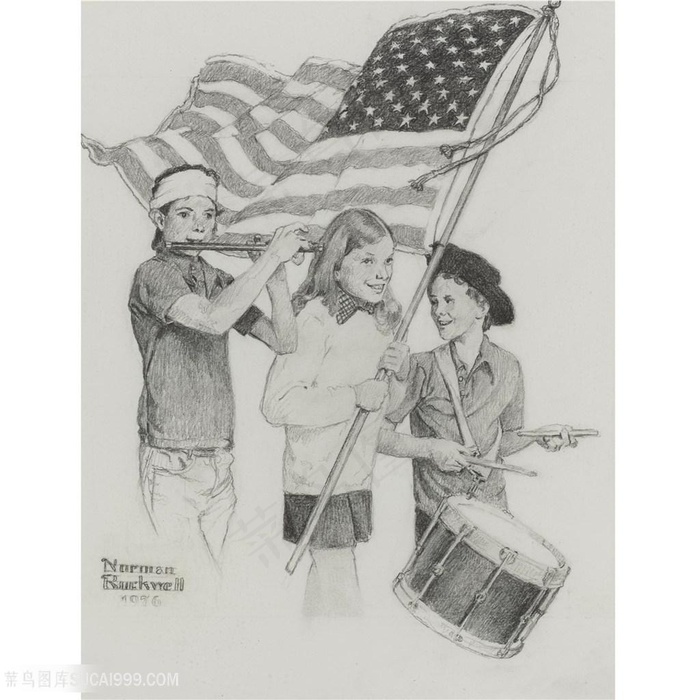 诺曼 · 洛克威尔手绘美女旗子装饰画