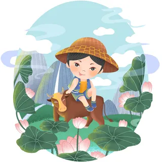 清明清明节卡通带帽子男孩骑牛 清明清明节卡通带帽子男孩骑牛