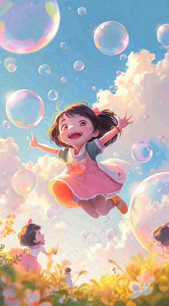 春天夏天女孩草地玩耍，阳光白云气泡可爱插画(816x1472)
