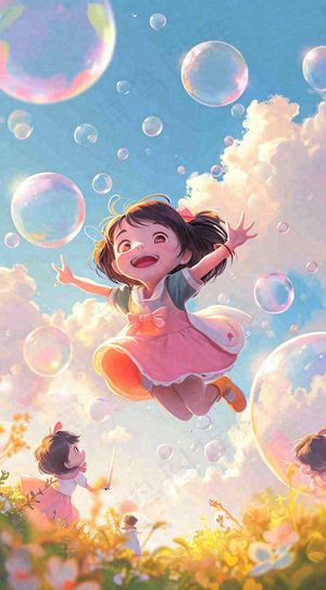 春天夏天女孩草地玩耍，阳光白云气泡可爱插画
