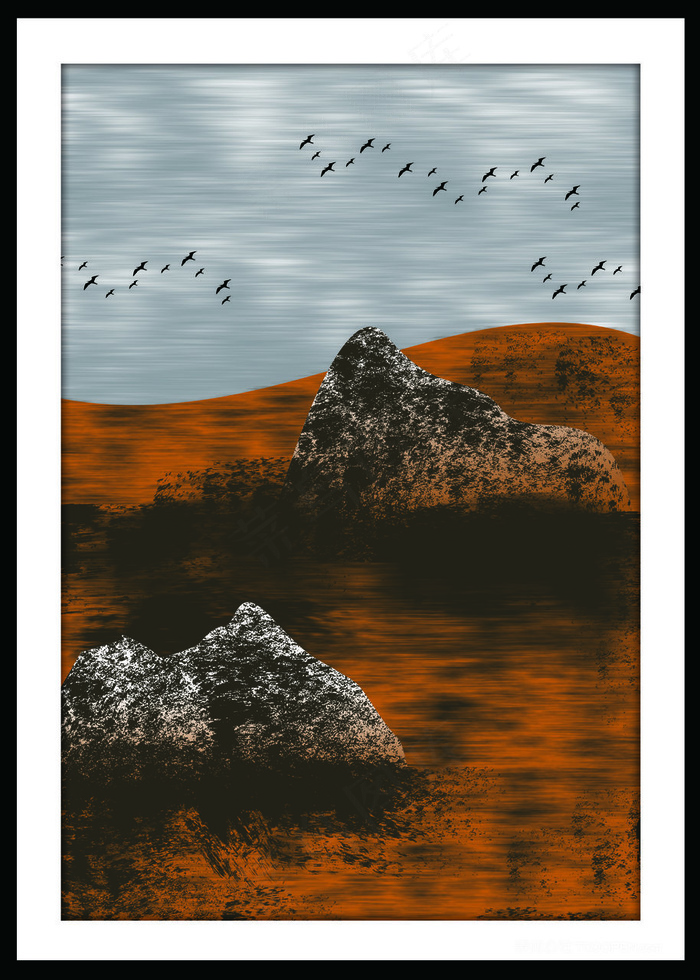 山脉岩石水彩装饰画