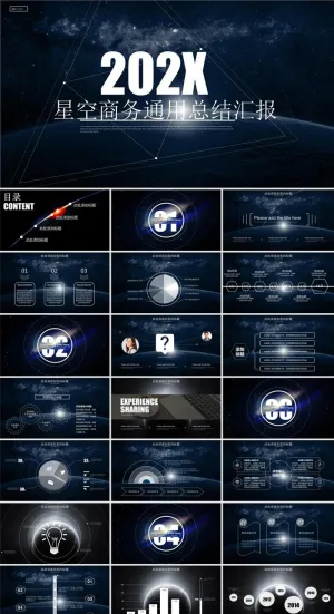 几何图形细线条设计唯美星空科技风工作总结ppt模板预览图