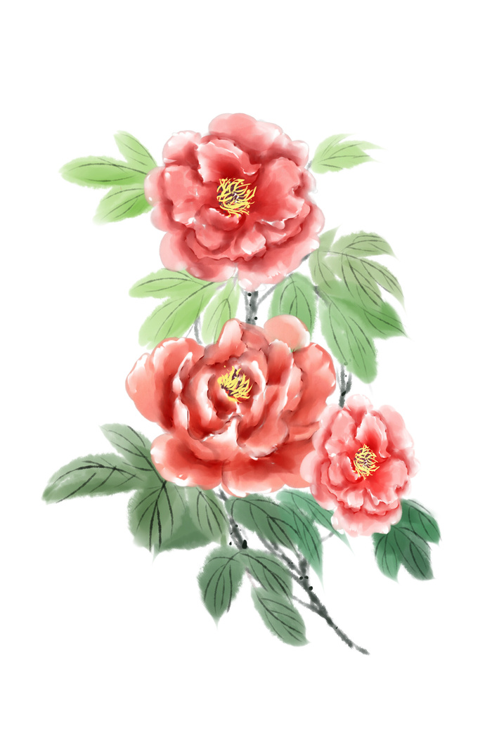 手绘国潮中国风古典牡丹花国花花卉装饰图案PSD设计素材