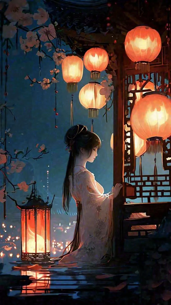 古风夜晚湖边少女灯笼意境水面(816x1456)