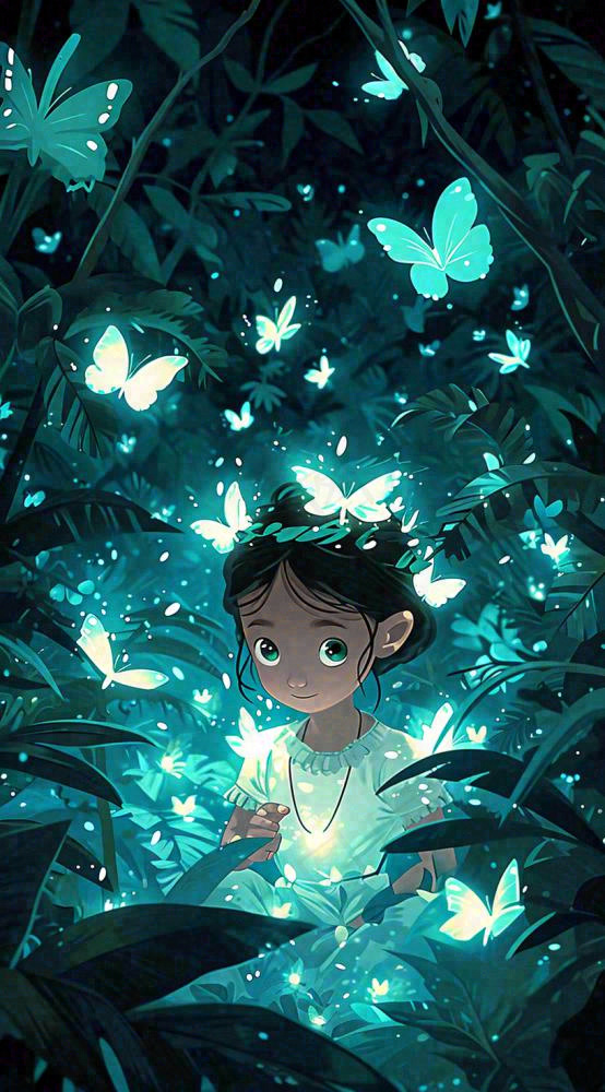 森林意境儿童少女灯光蝴蝶手绘插画，丛林树木(816x1472)