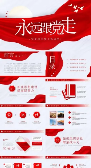 红色大气党建党政年度工作总结PPT模板预览图
