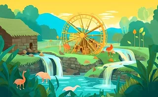 春天田园绿色自然风车水河流畜牧插画素材背景