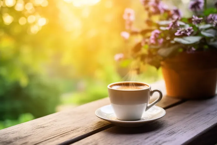 花园木桌咖啡杯阳光光影摄影图(4032x2688)