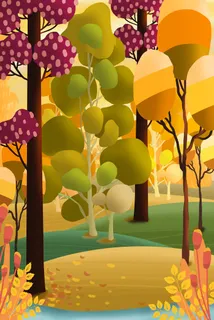 秋天树林风景卡通画PSD素材