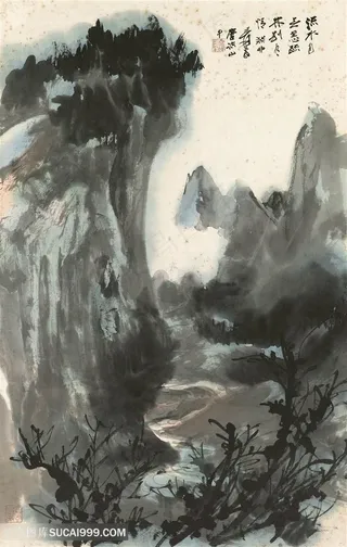 张大千山崖与树木国画图片