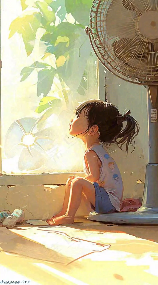 儿童在家吹风扇，夏天炎热清爽手绘插画，夏至小暑暑期(816x1472)