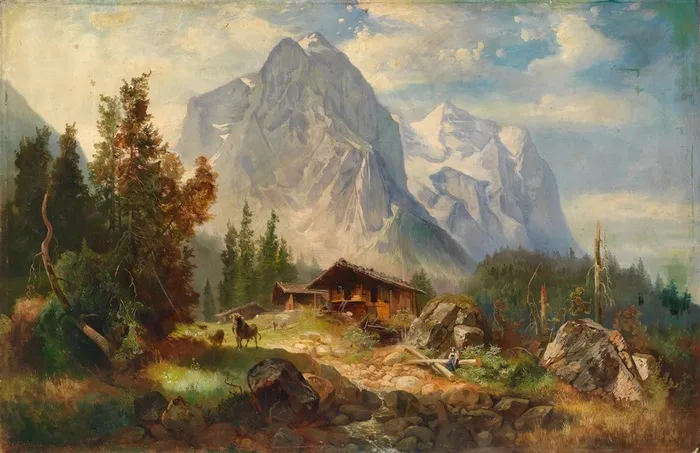 森林高山房子风景油画图片