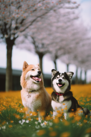 两只狗在草丛花丛里玩耍摄影图