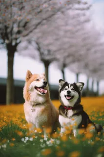 两只狗在草丛花丛里玩耍摄影图 两只狗在草丛花丛里玩耍摄影图