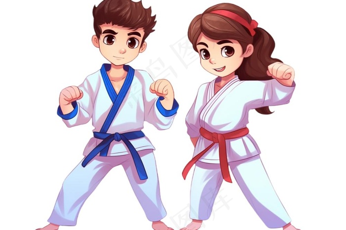 跆拳道男孩女孩对战插画免抠(1344x896)