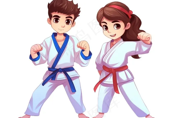 跆拳道男孩女孩对战插画免抠(1344x896)