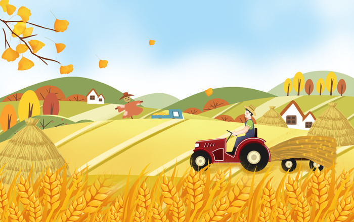 秋分丰收节拖拉机插画海报