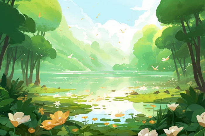 绿色荷花池温馨插画背景(1344x896)