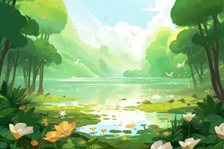 绿色荷花池温馨插画背景