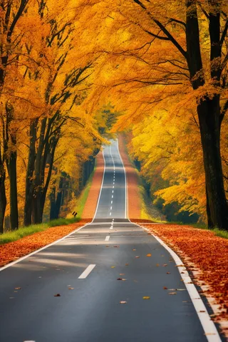 秋天树林的公路风景摄影图