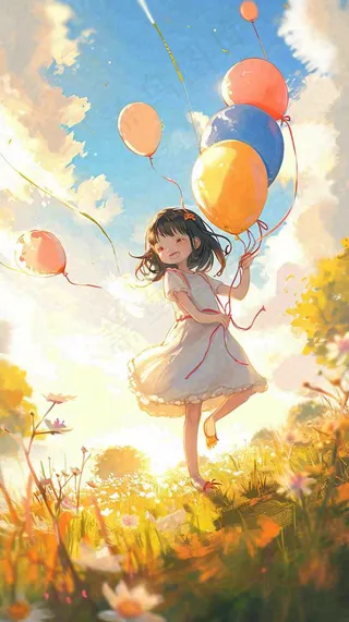 一个可爱的小女孩手里牵着彩色气球在草地上奔跑夏天，儿童节