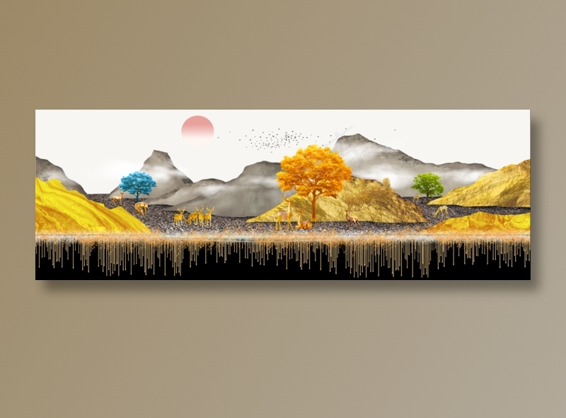 轻奢山水花鸟金鹿发财树客厅卧室玄关画酒店装饰画psd模版下载