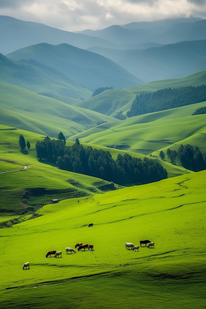 高原绿色草原牛羊马摄影图