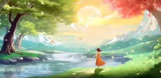 阳光下大树下的孩子草原背景