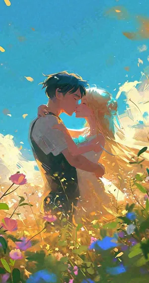 蓝天白云下情侣拥抱亲吻爱情，鲜花小草，情清新人节