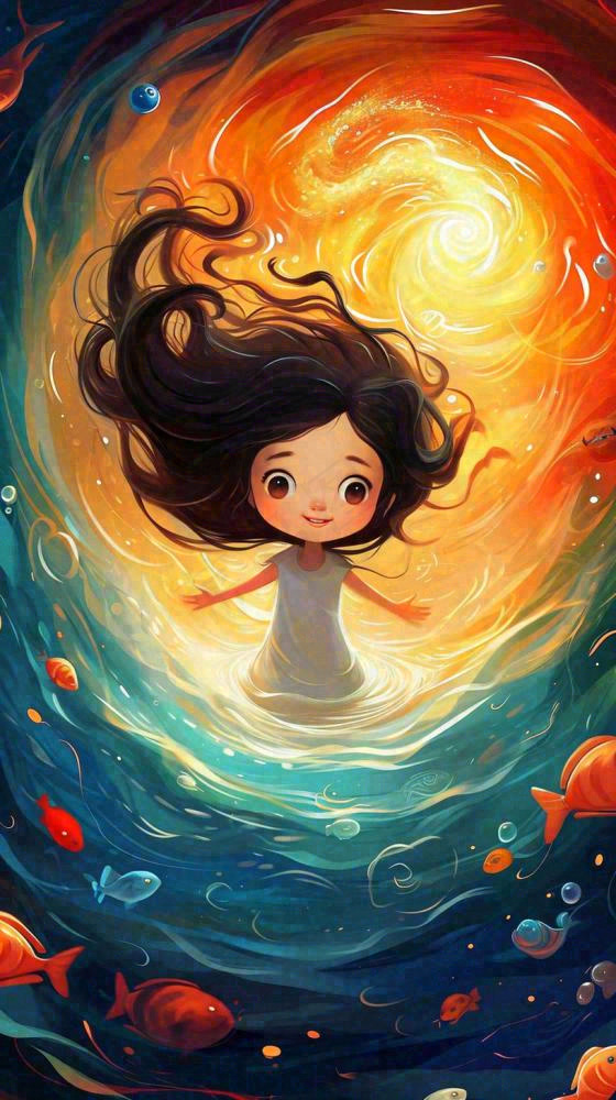 炫酷浪漫海洋海底水底可爱女孩手绘插画，鱼类水母生物(816x1456)