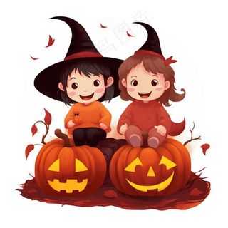 万圣节女巫南瓜灯捣蛋卡通插画免抠