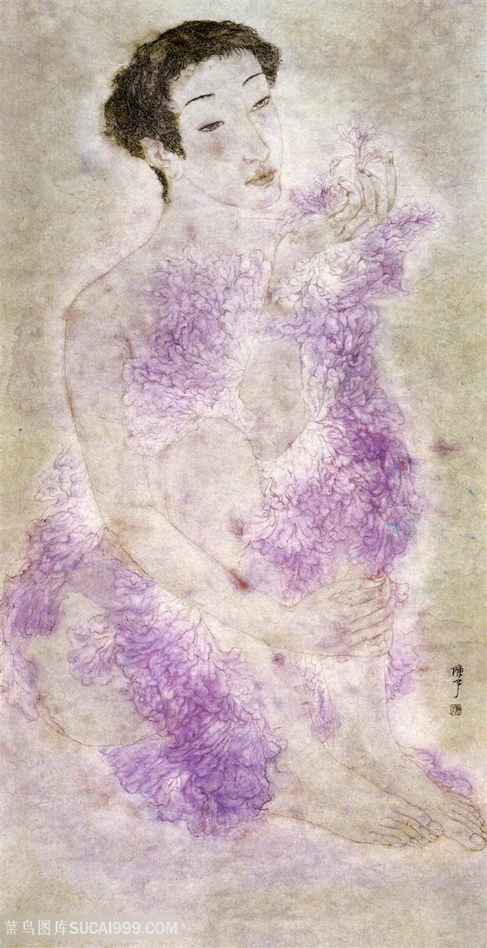 唯美紫色花卉美女复古装饰画