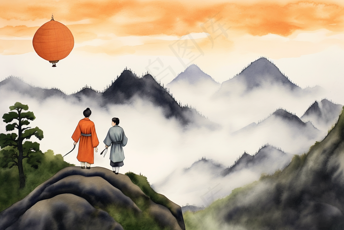 中国风山水水墨画重阳素材背景(x)
