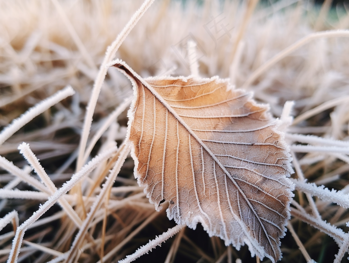 初冬叶子结满白色摄影图 
