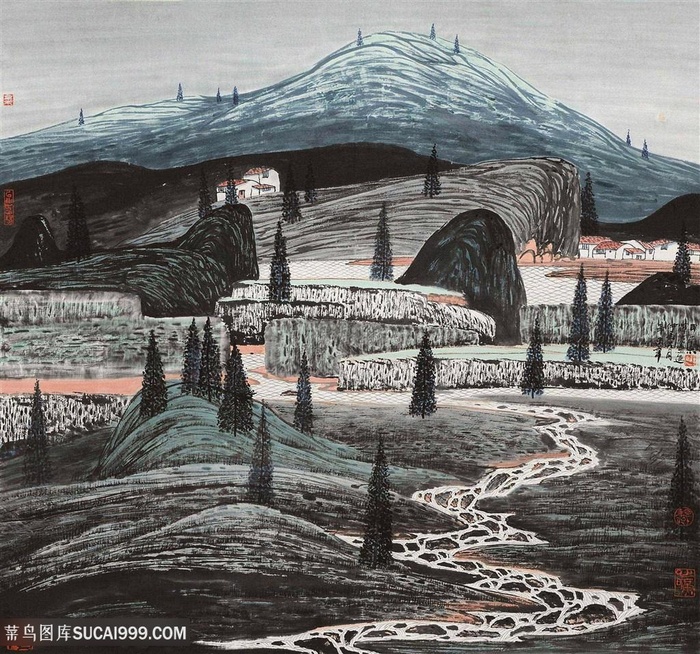 薛亮水墨画山脉中式风景画