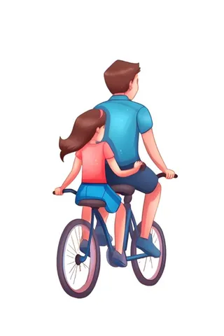 大人父亲骑自行车载着孩子免抠