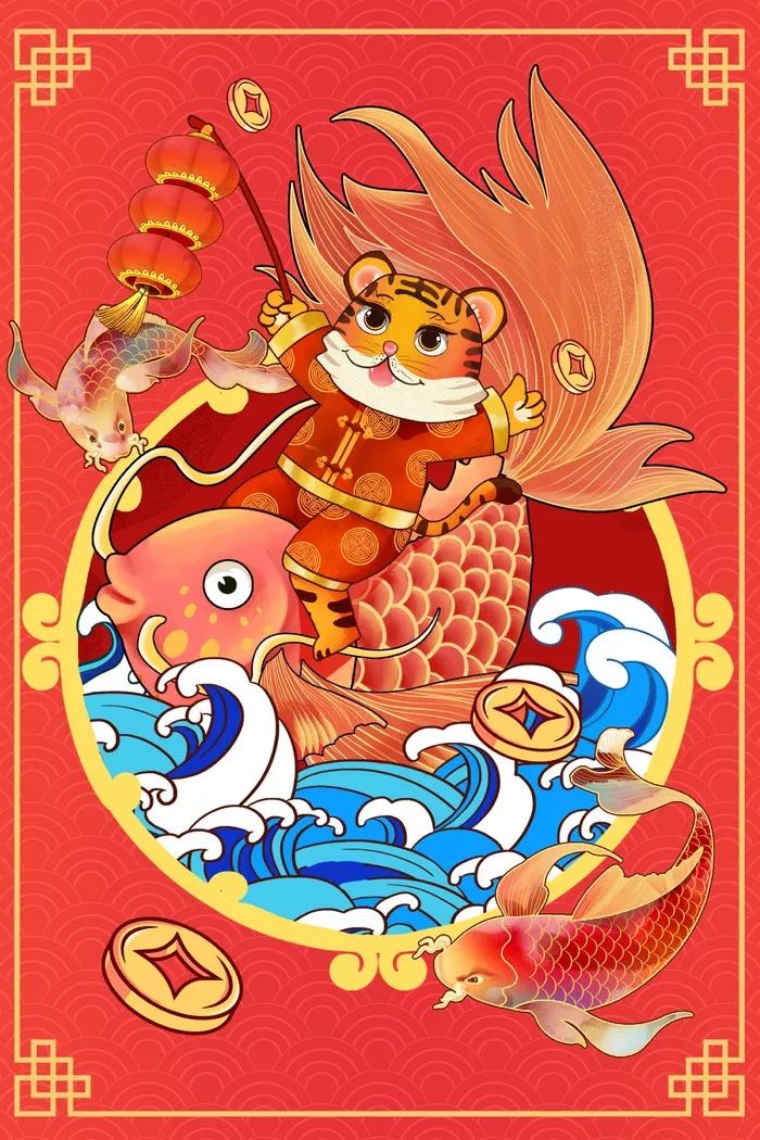 虎年中国风萌虎插画psd模版下载