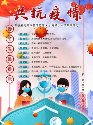 春节冬季肺炎疫情防控指南宣传海报插画展板PSD设计素材模板