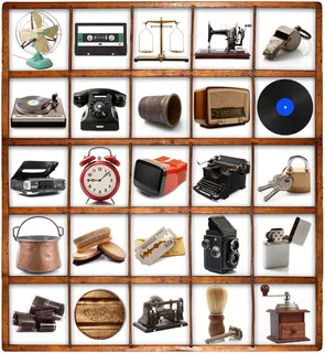 老式用品老式物件古董老旧的家居用品唱片铁桶打火机缝纫机高清图片