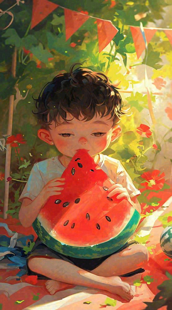 夏日清凉阳光男孩吃西瓜油画手绘插画，儿童节夏至大暑小暑(816x1472)
