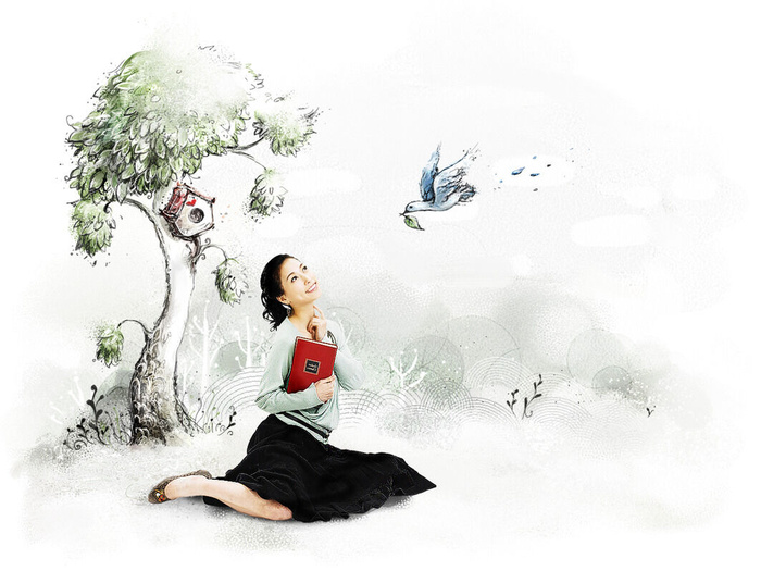 手绘女孩花纹背景psd模版下载