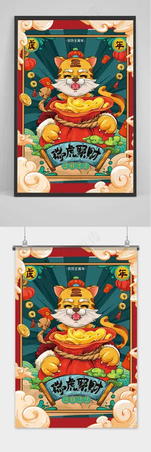 卡通可爱国潮风虎年大吉新年海报