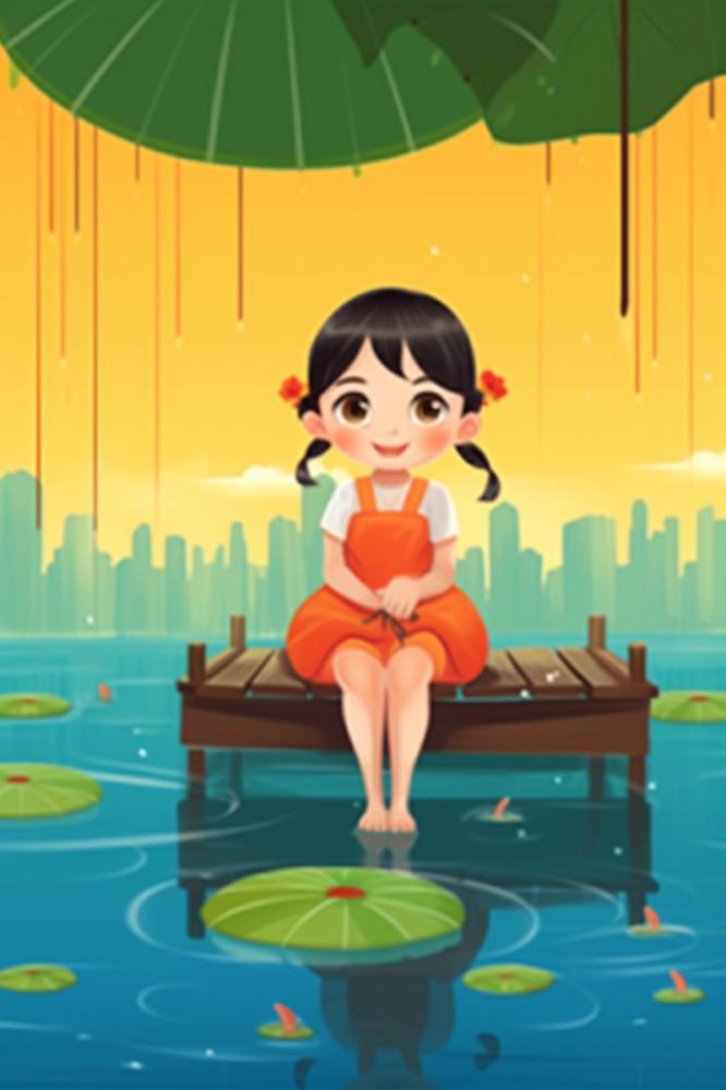 女孩坐着乘凉水果插画背景