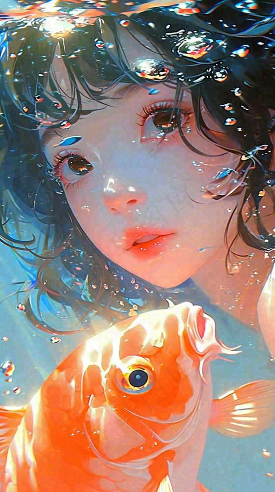 阳光水底光照游泳长发美人，鱼类金鱼，水气泡