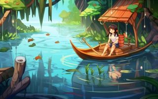 湖泊划船女孩山水风景背景