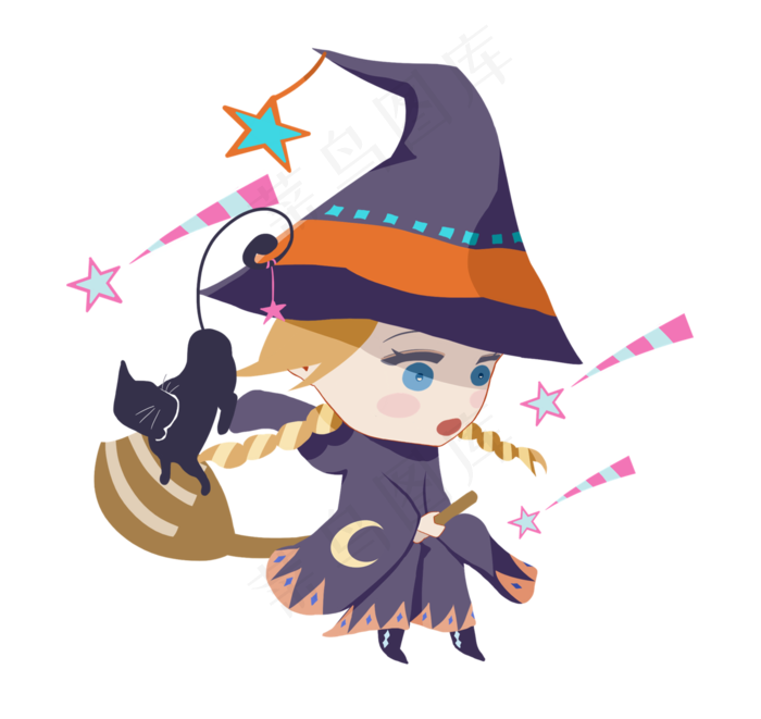 卡通万圣节手绘人物骑扫把可爱小女孩