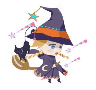 卡通万圣节手绘人物骑扫把可爱小女孩