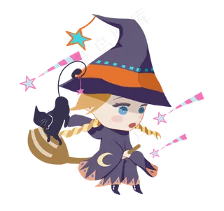 卡通万圣节手绘人物骑扫把可爱小女孩