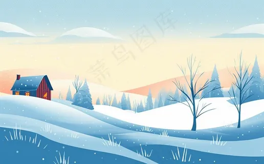冬天乡村雪地里的房子雪景白雪卡通插画背景