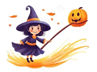 万圣节女巫蝙蝠南瓜卡通插画免抠
